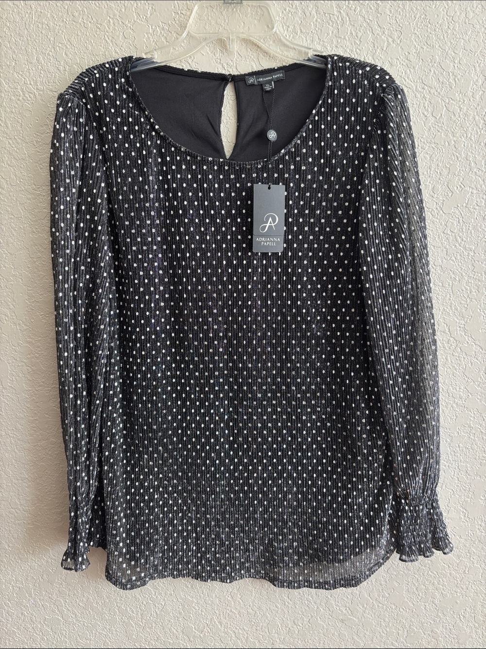 Adrianna Papell Black Blouse with White Polka Dots